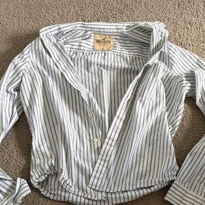 Hollister Women's Button-Down Shirt - Navy and White Stripes